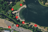 Aerial view showing locations of survey drilling at Klineline Pond, May 2024.