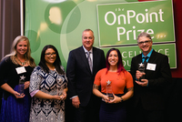 OnPoint's President and CEO Rob Stuart with 2019 OnPoint Prize Educators of the Year and Finalists. From left to right: K-8 Finalist Nadia Boria, K-8 Educator of the Year Francesca Aultman, Rob Stuart, 9-12 Educator of the Year Tori Sharpe, and 9-12 Final