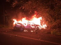 Fully involved Pickup fire after rollver