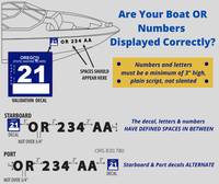 Infographic of proper decal and OR Number placement on the bow of a boat