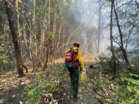 A firefighter in ODF's SW Oregon District carries a hose to one of many wildfires district personnel are engaged on this week.
