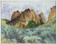 Leslie Gulch by Frances Stilwell. This pastel and watercolor painting of western juniper, Juniperus occidentalis, was painted in Jordan Valley, Oregon. OHS Museum, 2019-35.66.1,.2.