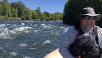 Boating Safety Program Manager Brian Paulsen behind the oars during the Marine Board's 2021 Drift Boat School on the Rogue River
