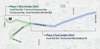 Map showing two construction phases for the Fourth Plain Blvd and Fort Vancouver Way Safety and Mobility Study.