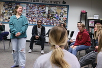 Left to Right: Anika Adams, Aundre Pitts, Paula Guerrero, Zach Bobeck, Eva Watts, and Lauren Filipczak participate in a class activity during ASL 3/4