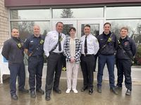 Michael is pictured with Grants Pass Firefighters and High School Teacher/Paramedic Taylor DeHarty. 