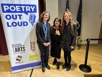 Katie Lineburg with Oregon runner-up Brooklyn Carr Heuer and First Lady Aimee Kotek Wilson, who attended the Poetry Out Loud State Contest on March 9 at Salem Public Library.