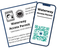Graphic of a waterway access permit on a phone with a QR code to the Marine Board's online store